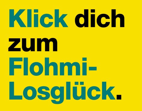 "Klick dich zum Flohmi-Losglück." auf gelbem Untergrund geschrieben.