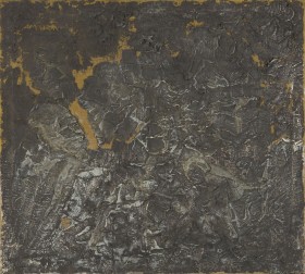 «Urbild I» 1958/59, Gips, Öl und Goldspray auf gelber Jute, 65.5 x 72.5 cm.