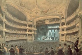 Grande Opéra in Paris während der Aufführng von Giacomo Meyerbeer "Robert le Diable" / Litho. v. Jules Arnout (akg-images)