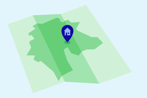 Vereinfachte Visualisierung des Tools EnerGIS: Karte mit Fläche und Form der Stadt Zürich, darauf ein mit einer Nadel markierter Punkt