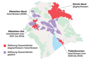 Karte der Stadt Zürich mit den Gebieten, in denen das Gasverteilnetz abgelöst werden soll: Zürich-Nord (abgeschlossen), Altstetten-Nord (2030), Atstetten-Ost (2031 bis 2034) und Tiefenbrunnen (2030 bis 3034)