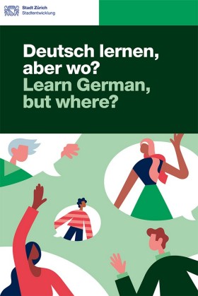 Comics-style graphics: Scene with people in bubbles. They wave to each other. A sign reads: German learn, but where? Learn German, but where? It is the illustration of a brochure that advertises the German course advice of the Integration Promotion.