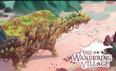 Ein Ur-Vieh im Comicstil gezeichnet läuft durch ein Tal. Auf seinem Rücken trägt es ein ganzes Dorf.