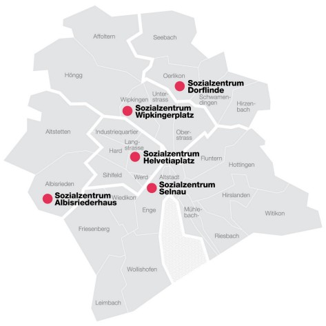 Die fünf Sozialzentren der Stadt Zürich