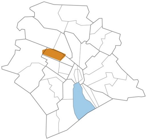 Auf einer Umrisskarte der Stadt Zürich und der Quartiere ist das Gebiet Zürich-West farblich hervorgehoben